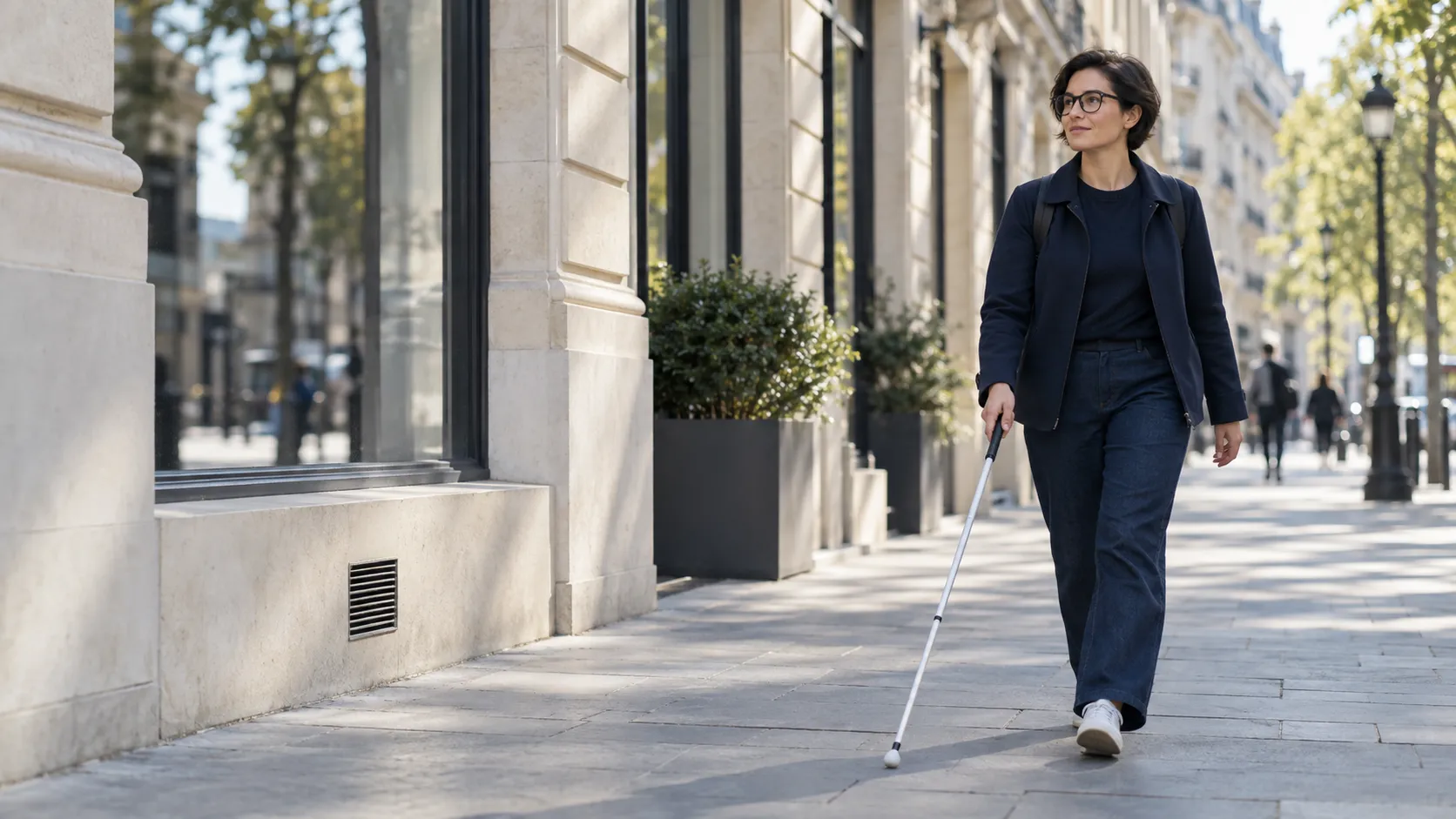 Une femme malvoyante marche sur un trottoir parisien bordé d’une façade en pierre claire, canne blanche devant elle.