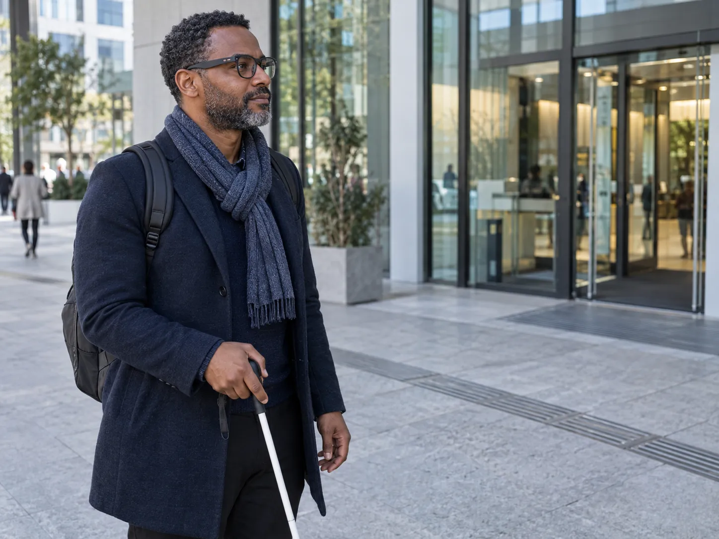 Un homme malvoyant, canne blanche à la main, s’arrête sur un parvis et tourne légèrement la tête, attentif, devant l’entrée vitrée d’un bâtiment moderne.