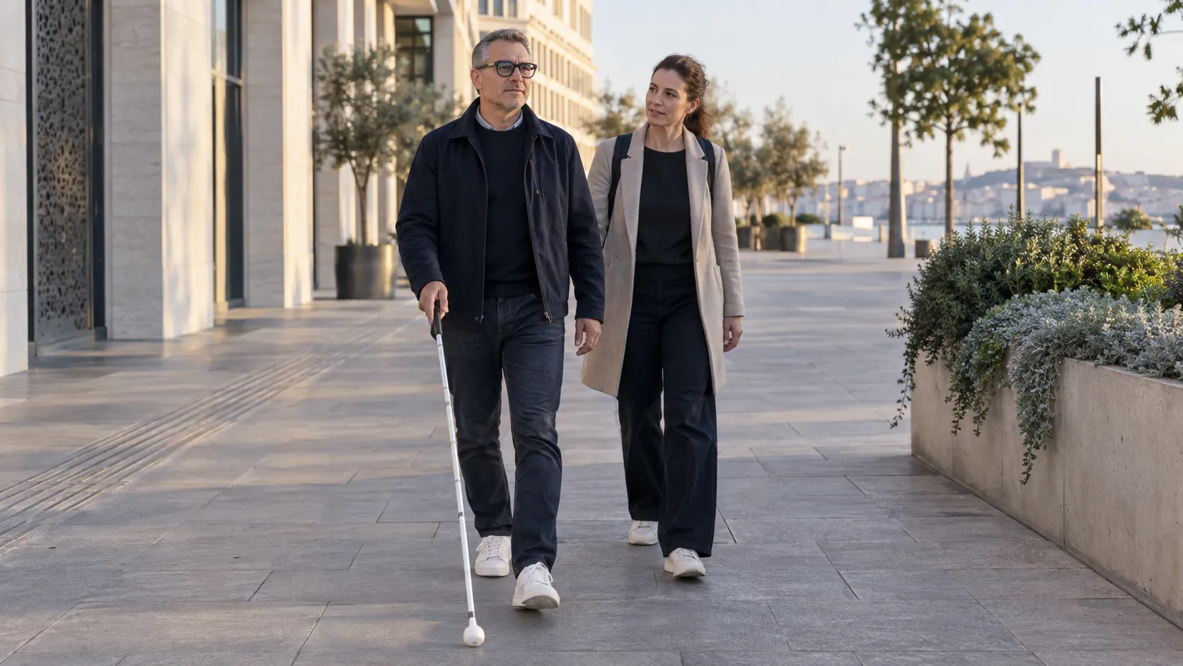 Un homme malvoyant s’entraîne à se déplacer avec sa canne blanche le long d’une promenade, une instructrice en locomotion marchant à ses côtés, un demi-pas en retrait.