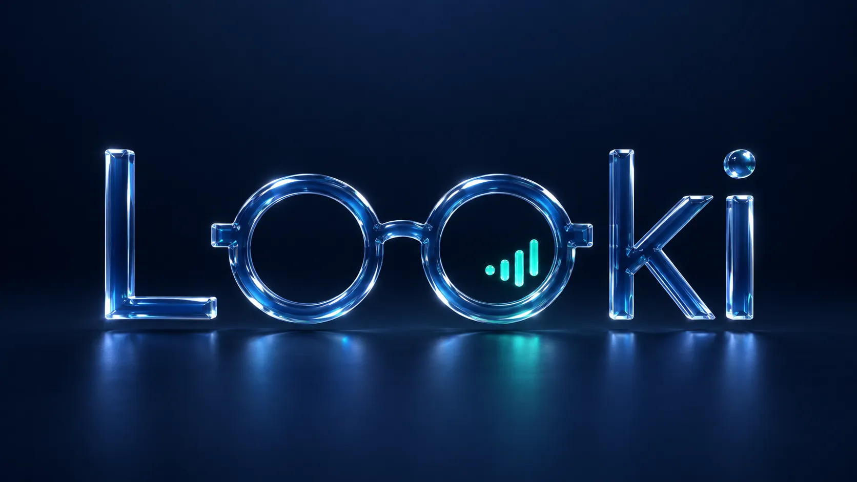 Le logo Looki interprété en verre bleu nuit poli, le signal turquoise flottant dans le verre droit des lunettes.